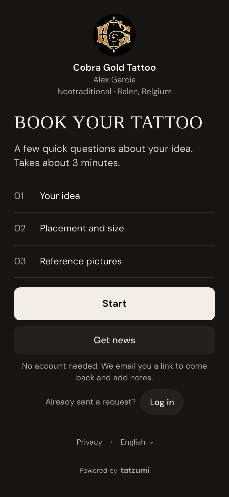 Start screen of the booking link for Cobra Gold Tattoo in dark mode, with the gold CG studio logo and the title Book your tattoo.