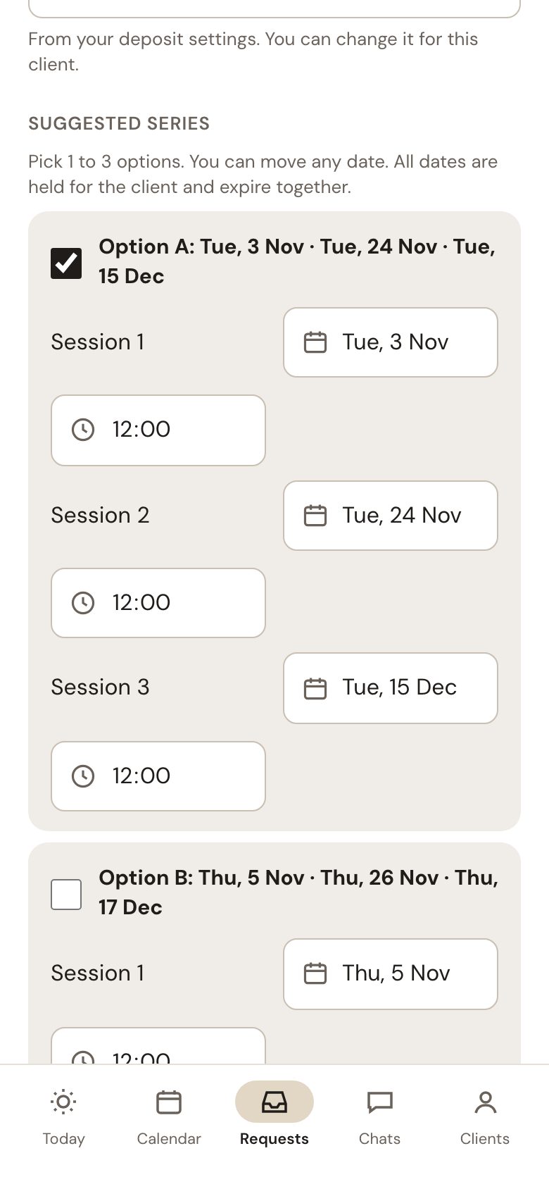 Suggested series for a project of three sessions, with weeks of healing time between the dates; each date can be moved.