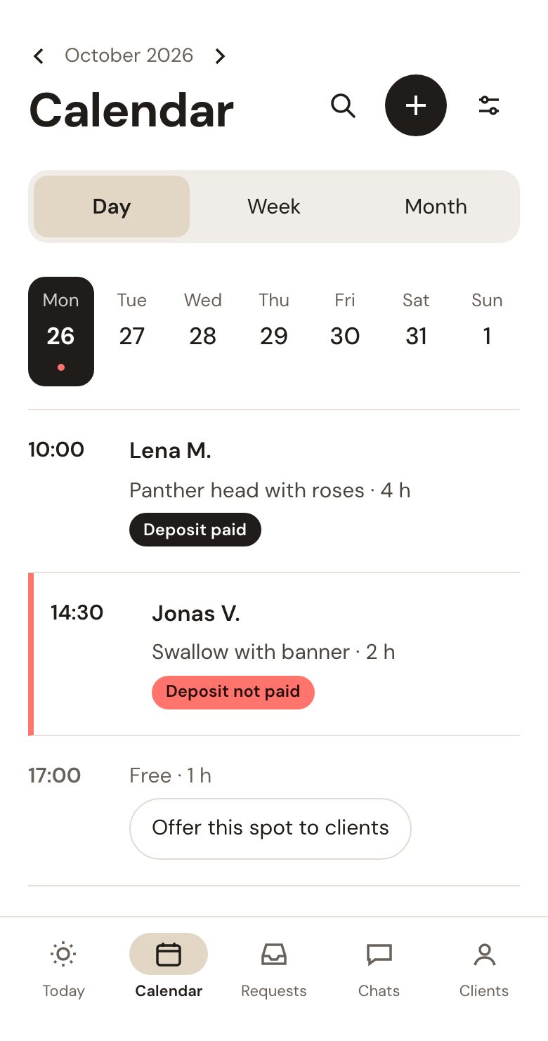 Calendar for today: one appointment with Deposit paid, one with Deposit not paid, and a free hour with Offer this spot to clients.