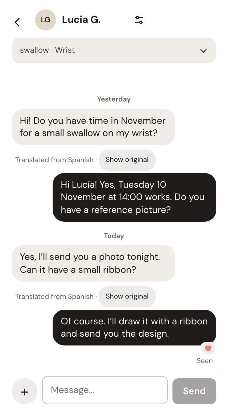 Chat with a client: her Spanish messages appear in English, with the label Translated from Spanish and a Show original button.