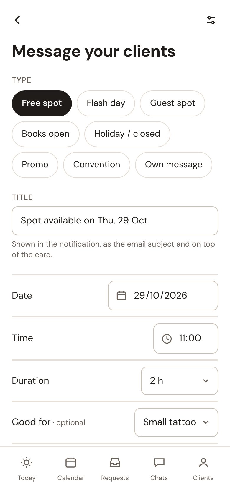 Message your clients: the types Free spot, Flash day, Guest spot, Books open and more, with the date and time of the free spot filled in.