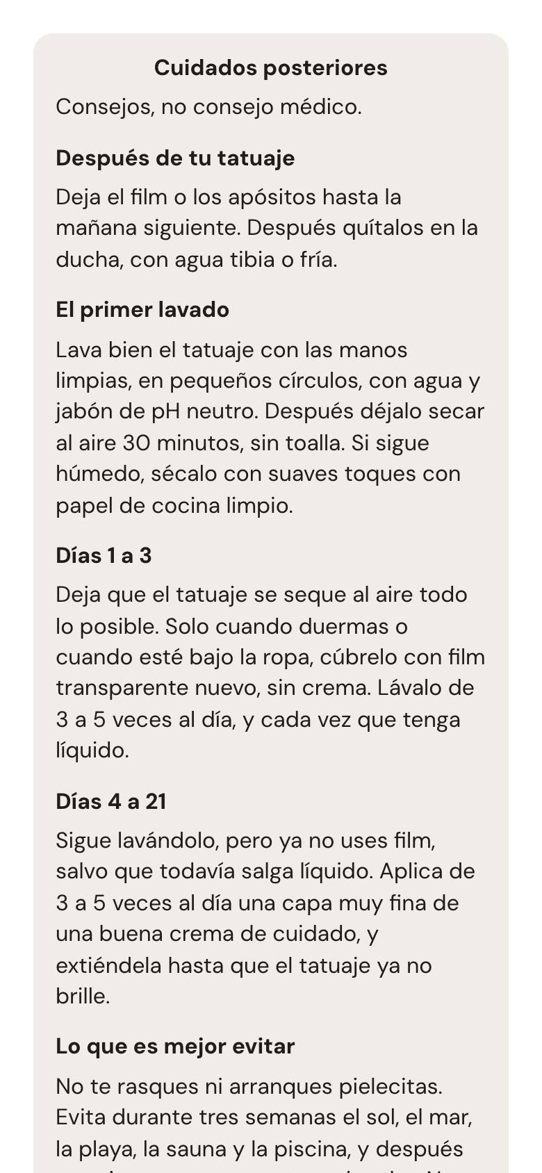 The request page of a Spanish client with the artist's aftercare in Spanish: first days, washing, cream, what to avoid.